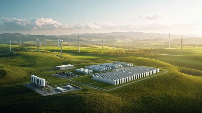 The expansive battery energy storage system is showcased amid rolling green hills and wind turbines, highlighting renewable energy integration in a serene natural setting