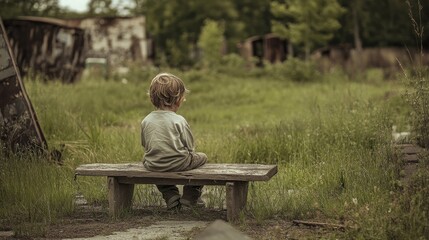 Fototapeta premium A disheveled child sits quietly on a weathered bench in a deserted park, surrounded by overgrown grass and remnants of a once-vibrant area