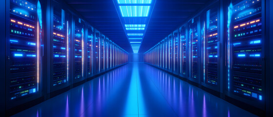 Obraz premium Rows of illuminated server racks in a data center.