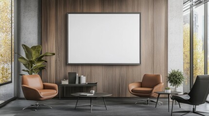 A contemporary office space showcases a blank white frame mockup on a wooden wall, complemented by stylish seating and ample natural light from large windows