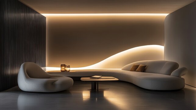 The living room features sleek curved furniture, soft ambient lighting, and a minimalist design that creates a tranquil and modern atmosphere for relaxation and entertainment