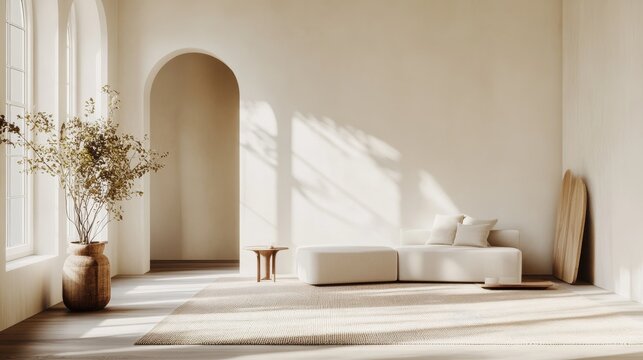 The minimalist interior showcases a spacious living area filled with natural light, highlighting a clean-lined furniture mockup and simple decorative elements in neutral tones