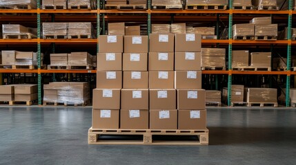 A stack of cardboard boxes is organized on a wooden pallet, positioned in a spacious warehouse filled with shelves storing additional goods for distribution