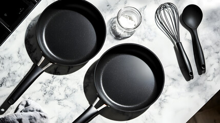 Two black frying pans, a whisk, a spoon, and a glass jar of flour on a marble countertop.