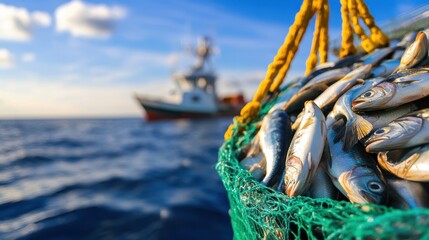 A net full of fish is being pulled out of the water