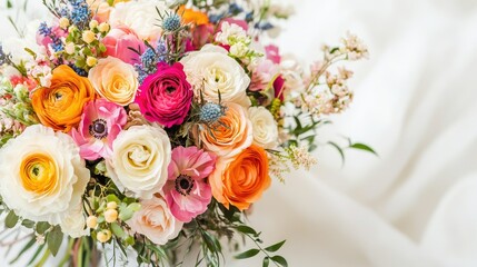 A stunning bridal bouquet with vivid flowers, captured against a clean white backdrop, emphasizing elegance.