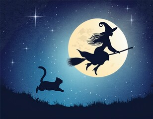 Fototapeta premium Silhouetted Witch Flying on Broomstick with Black Cat Under Starry Night Sky