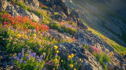 The rocky hillside is alive with colorful wildflowers in full bloom, illuminated by soft sunlight, creating a serene and beautiful natural setting
