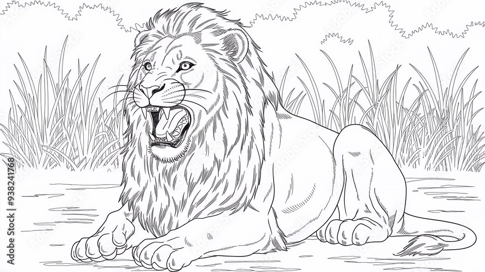 Wall mural lion animal coloring book page illustration. outline character sketch drawing, africa safari nature 