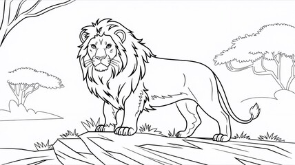 Obraz premium Lion animal coloring book page illustration. Outline character sketch drawing, Africa safari nature wildlife wild cat predator, king doodle art print
