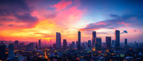 Fototapeta premium Vibrant sunset sky above a city skyline with tall buildings.