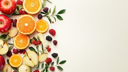 Abstract composition of fresh fruits like apples, berries, and oranges, set against a plain backdrop with room for text -