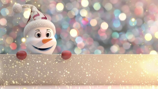 Merry christmas Christmas greeting card template. 3d snowman holding blank banner, looking at camera. Winter holiday background with gold confetti. Happy New Year mockup with copy space.