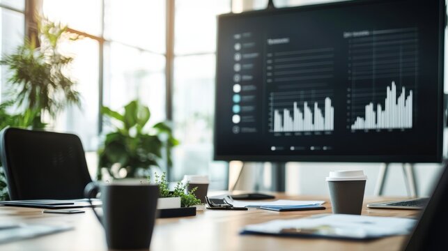 A modern meeting room features a large screen displaying simple yet effective line charts and bar graphs in a minimalist color palette of grays, blacks, and one accent color.