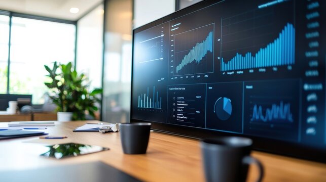 A modern meeting room features a large screen displaying simple yet effective line charts and bar graphs in a minimalist color palette of grays, blacks, and one accent color.