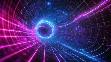 Abstract time and space concept with swirling neon lights, grids, and a vanishing point toward infinity.