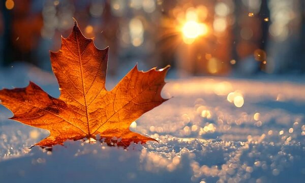 A single brown maple leaf lies on the snow in a forest with the sun shining through the trees