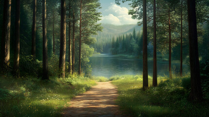 Obraz premium Peaceful Forest Path by the Lake