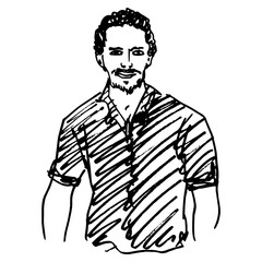 Portrait of a young modern man wearing short sleeve shirt. Fancy guy. Male portrait. Hand drawn doodle rough sketch. Black and white linear silhouette.