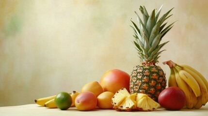 Assorted tropical fruits, including mangoes, pineapples, and bananas, set abstractly against a plain backdrop, ideal for food themes