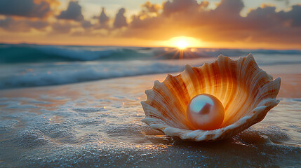 A large pearl rests in a seashell on a sandy beach at sunrise.