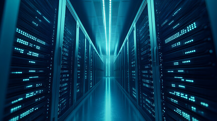 Fototapeta premium A long hallway in a server room with rows of data storage units lit by overhead lights.