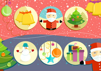 Holiday illustration with Christmas symbols. Winter celebration festive icons, Santa Claus, decorations, gift-giving seasonal joy, colorful design, circular motifs, snowy atmosphere