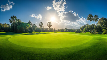 A panoramic view of a golf course with palm trees, a green fairway, and a blue sky with clouds.