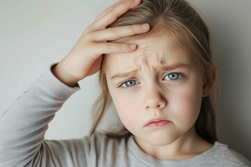 Fototapeta premium Portrait of a caucasian girl with a fever touching her head