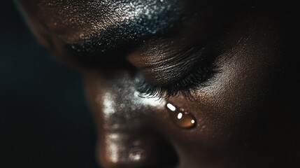 Close-up of a single tear rolling down a cheek, captured with a minimalist approach, set against a plain background.