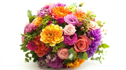 Close-up of a vibrant bridal bouquet with colorful flowers, set against a pristine white background, perfect for wedding themes.