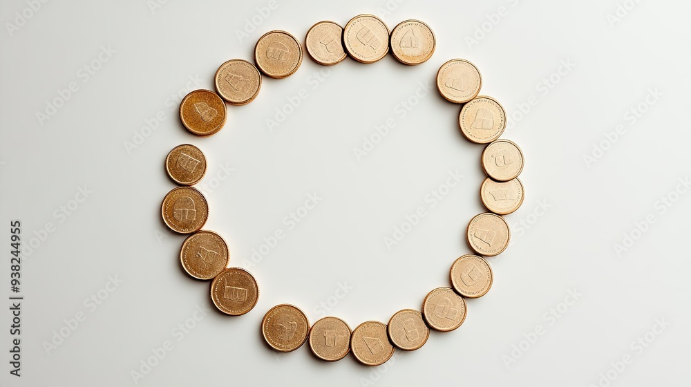 Fototapete coins arranged in a circular pattern on a minimalist background, clean design with space for text or
