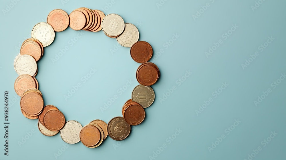 Fototapete coins arranged in a circular pattern on a minimalist background, clean design with space for text or