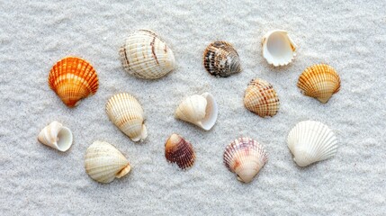 Collection of seashells scattered on white sand, with a minimalist approach and plain background.