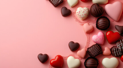 Assorted heart-shaped chocolates on pink background. Perfect for Valentine's Day, celebrations, and romantic themes.