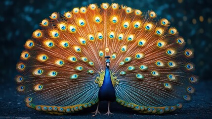 majestic display of peacock feathers fanned out in a semicircle, each feather shimmering with iridescent colors