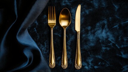 sophisticated arrangement of gold-plated cutlery resting elegantly on a black velvet surface, creating a striking contrast of opulence
