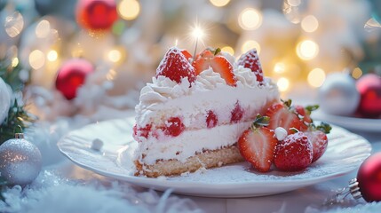 Delicious strawberry cake on the table for christmas celebration.