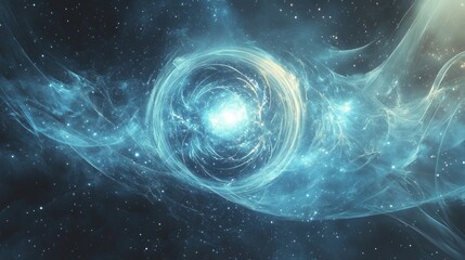 Ethereal abstract background depicting time and space with a central glowing orb surrounded by misty waves and stars.