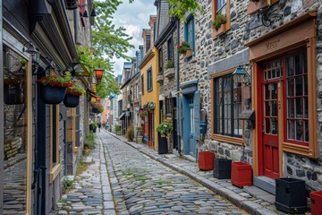 cobblestone street with clock tower in the background, cobblestone street lined with historic buildings and colorful storefronts