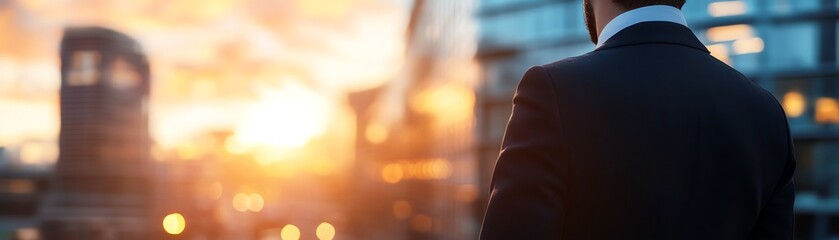 Silhouette of a businessman standing against a vibrant sunset, reflecting professional aspirations and urban lifestyle.
