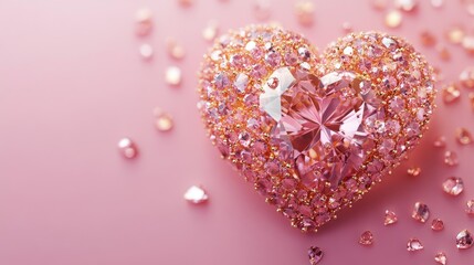 Fototapeta premium Golden heart-shaped diamond jewelry on a pink background, radiating luxury and elegance.