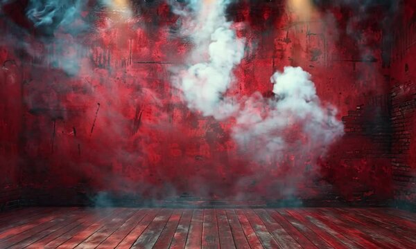 Red brick wall room with three spotlights and smoke