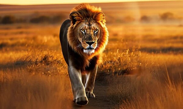 Majestic Lion Walking Towards the Sunset