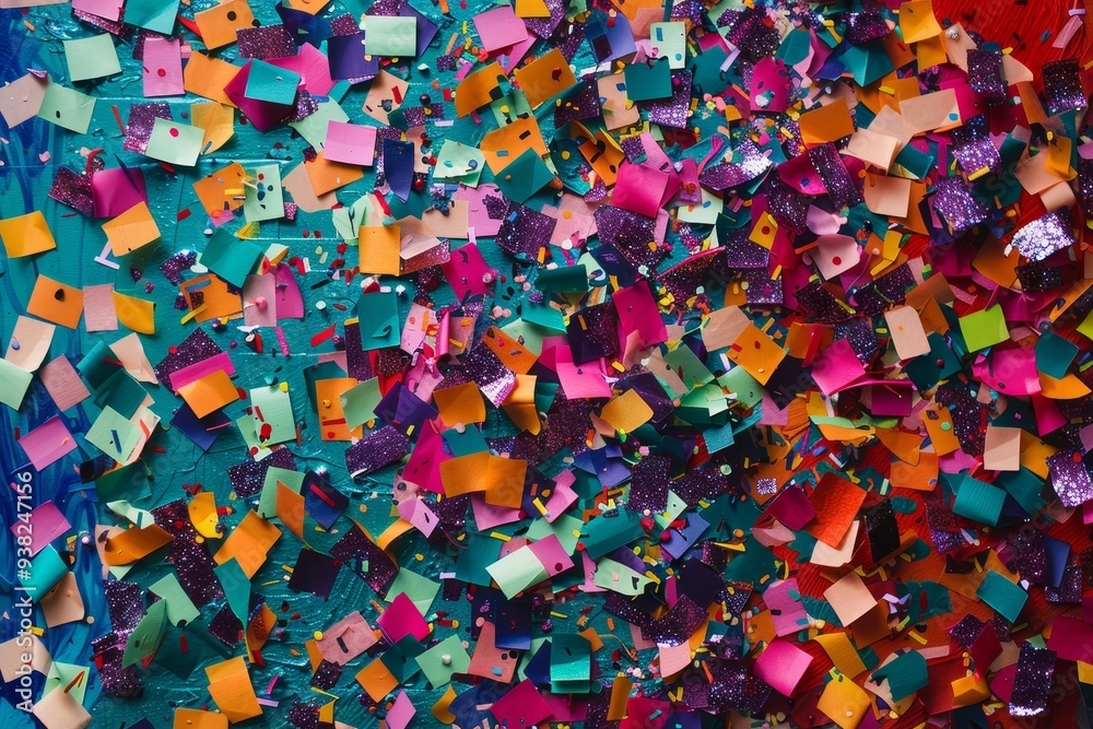 Poster bunch of colorful confetti falling from the sky, colorful explosion of confetti and streamers in cro