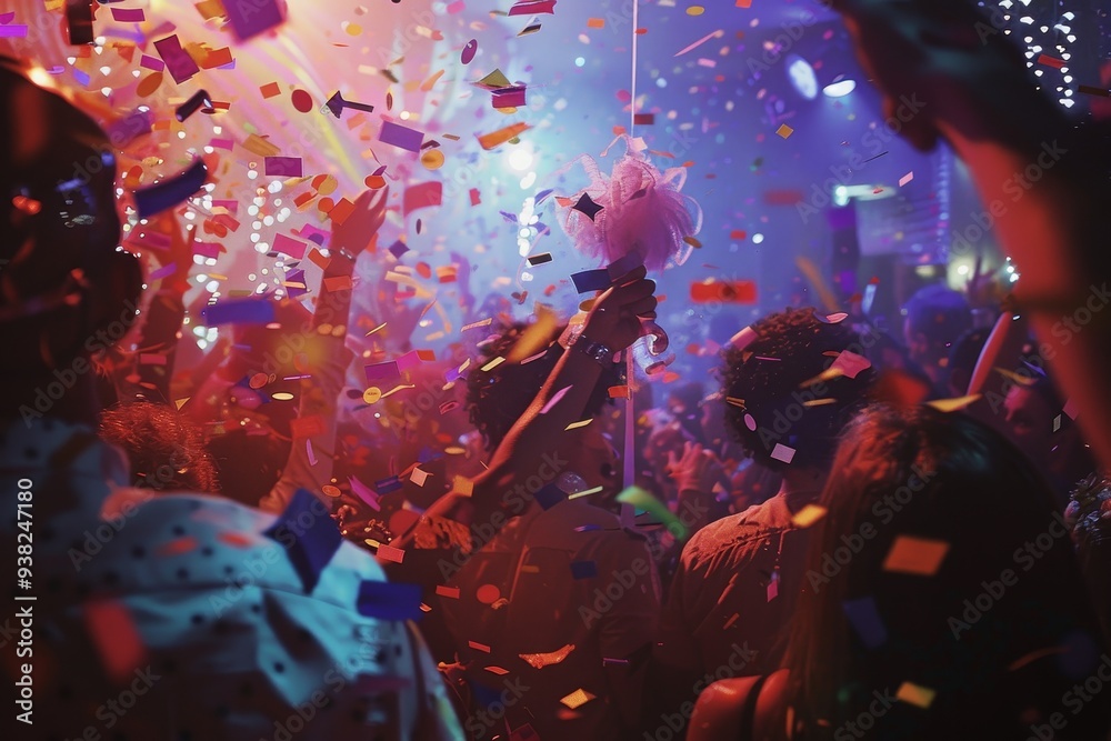 Poster bunch of colorful confetti falling from the sky, colorful explosion of confetti and streamers in cro