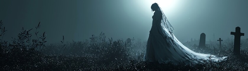 A haunting figure in a flowing white gown wanders through a foggy graveyard, illuminated by a ghostly moonlight.