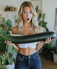 Indoor Shock of A Surprised Woman Holding an Oversized Zucchini.