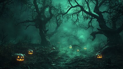A haunting Halloween scene with eerie trees, fog, and glowing jack-o'-lanterns creating a spooky atmosphere.
