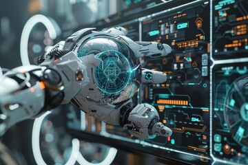 Fototapeta premium futuristic robot is shown in front of computer screen, concept artist imagines futuristic technology in their digital illustration